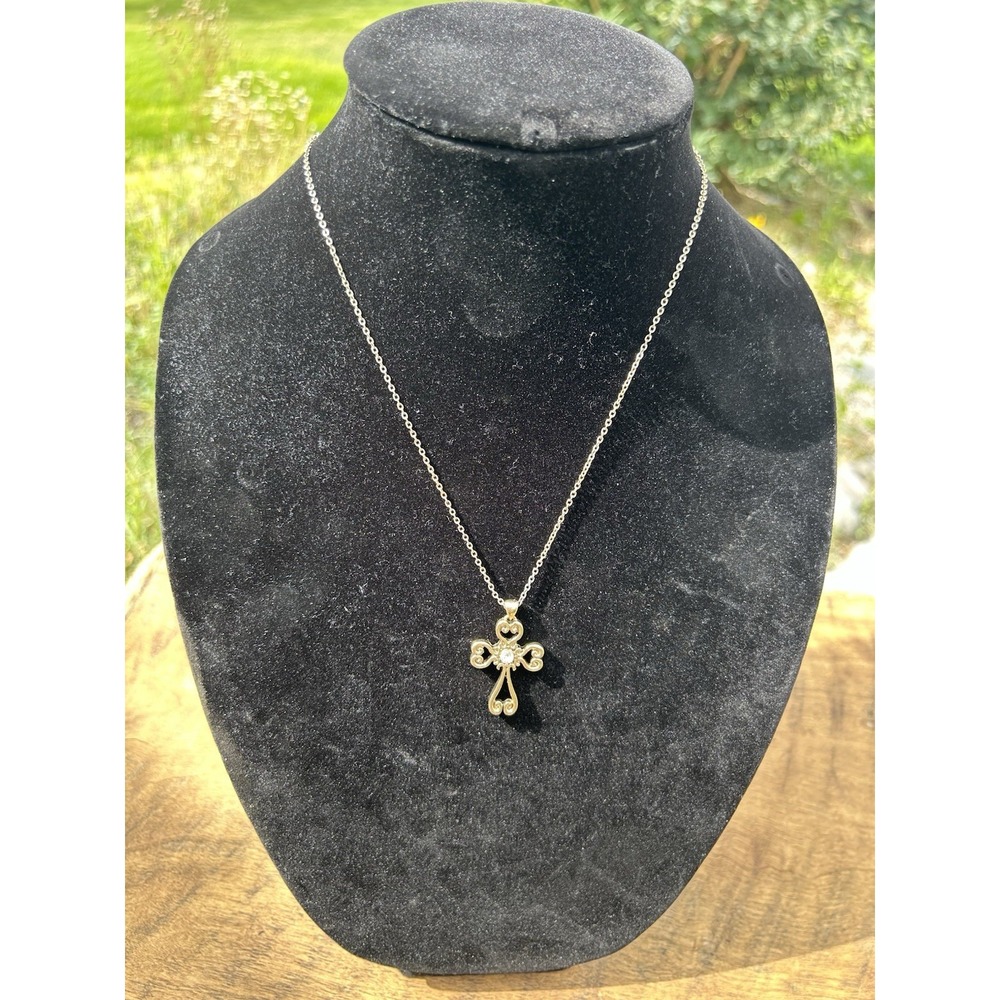 Gold Tone Ornate Cross Pendant Necklace Rhinestone Christian Religious Jewelry